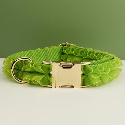 Green Dog Collar, Custom Lace H-Style Dog Harness with Name, Velvet Dog Poop Bag, Leash, for Wedding