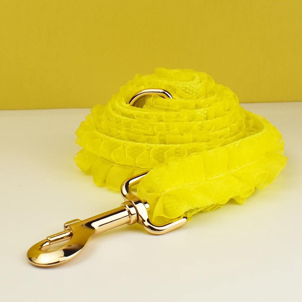 Yellow Dog Collar, Custom Lace H-Style Dog Harness with Name, Velvet Dog Poop Bag, Leash, for Wedding