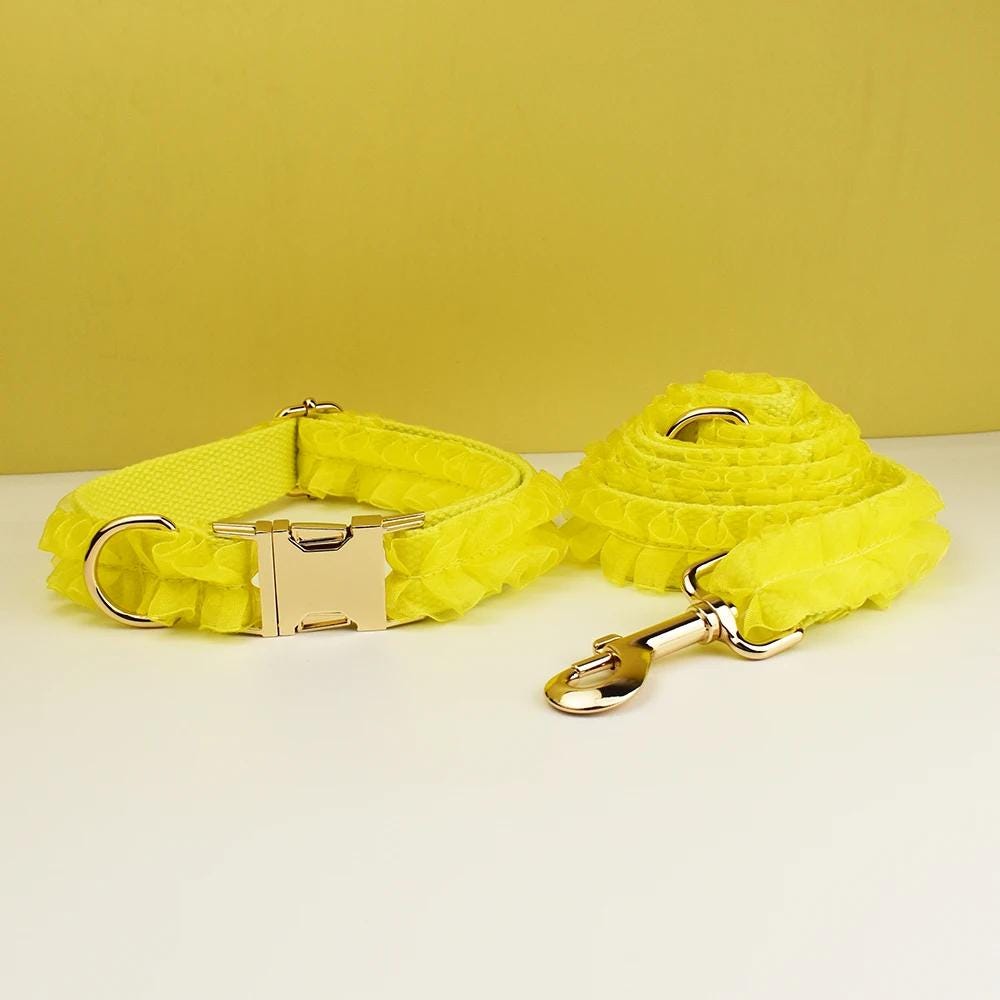 Yellow Dog Collar, Custom Lace H-Style Dog Harness with Name, Velvet Dog Poop Bag, Leash, for Wedding