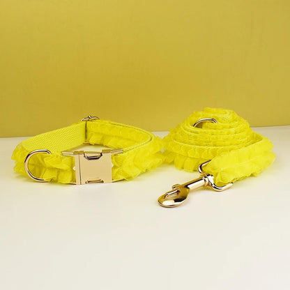 Yellow Dog Collar, Custom Lace H-Style Dog Harness with Name, Velvet Dog Poop Bag, Leash, for Wedding