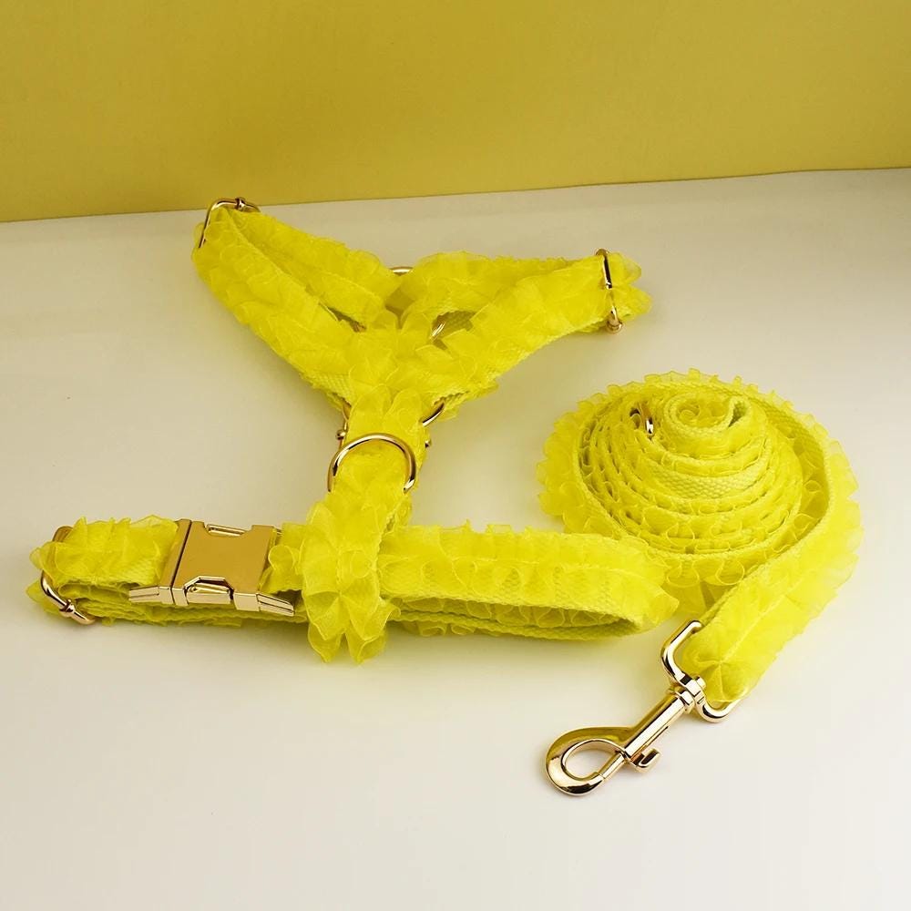 Yellow Dog Collar, Custom Lace H-Style Dog Harness with Name, Velvet Dog Poop Bag, Leash, for Wedding