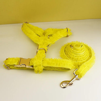 Yellow Dog Collar, Custom Lace H-Style Dog Harness with Name, Velvet Dog Poop Bag, Leash, for Wedding