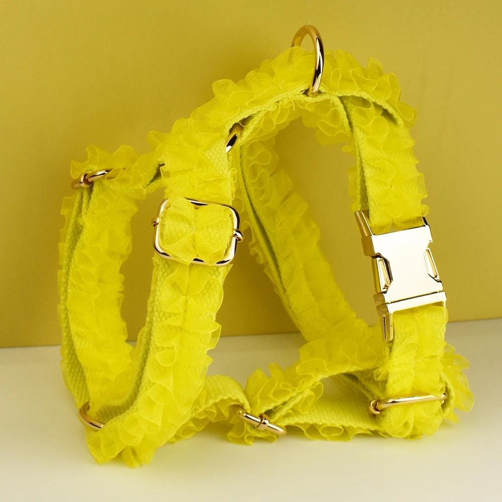 Yellow Dog Collar, Custom Lace H-Style Dog Harness with Name, Velvet Dog Poop Bag, Leash, for Wedding
