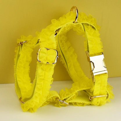 Yellow Dog Collar, Custom Lace H-Style Dog Harness with Name, Velvet Dog Poop Bag, Leash, for Wedding