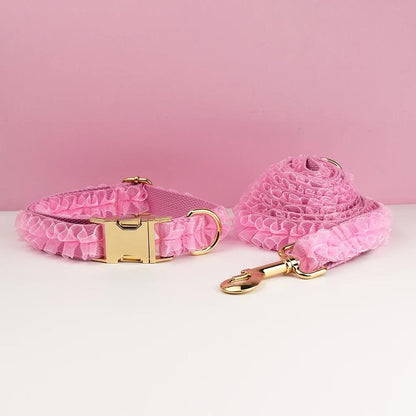 Pink Dog Collar, Custom Lace H-Style Dog Harness with Name, Velvet Dog Poop Bag, Leash, for Wedding