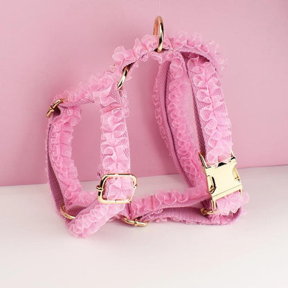 Pink Dog Collar, Custom Lace H-Style Dog Harness with Name, Velvet Dog Poop Bag, Leash, for Wedding