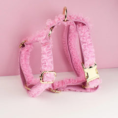 Pink Dog Collar, Custom Lace H-Style Dog Harness with Name, Velvet Dog Poop Bag, Leash, for Wedding, Different Combo