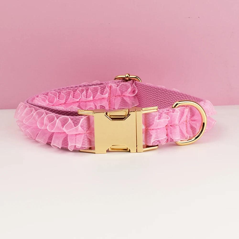 Pink Dog Collar, Custom Lace H-Style Dog Harness with Name, Velvet Dog Poop Bag, Leash, for Wedding