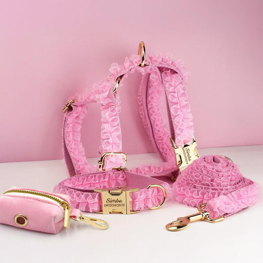 Pink Dog Collar, Custom Lace H-Style Dog Harness with Name, Velvet Dog Poop Bag, Leash, for Wedding