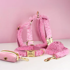 Pink Dog Collar, Custom Lace H-Style Dog Harness with Name, Velvet Dog Poop Bag, Leash, for Wedding, Different Combo