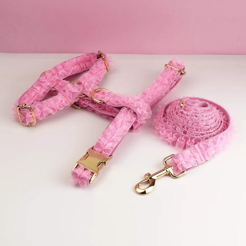 Pink Dog Collar, Custom Lace H-Style Dog Harness with Name, Velvet Dog Poop Bag, Leash, for Wedding