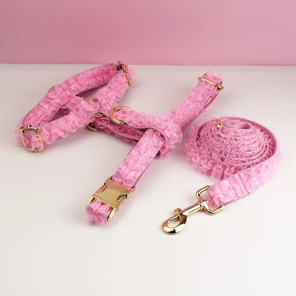 Pink Dog Collar, Custom Lace H-Style Dog Harness with Name, Velvet Dog Poop Bag, Leash, for Wedding