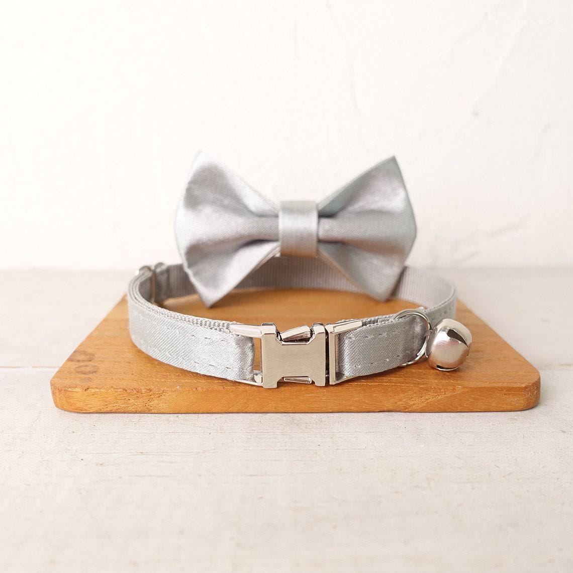 Satin Cat Collar, Silky Shiny Kitten Puppy Collar with Name Engraved, Detachable Bow and Bell in Purple, Teal, Silver, Blue, Hot Pink