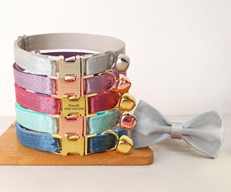 Satin Cat Collar, Silky Shiny Kitten Puppy Collar with Name Engraved, Detachable Bow and Bell in Purple, Teal, Silver, Blue, Hot Pink