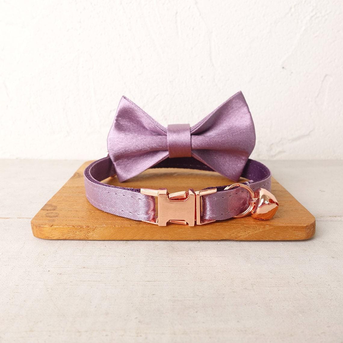 Satin Cat Collar, Silky Shiny Kitten Puppy Collar with Name Engraved, Detachable Bow and Bell in Purple, Teal, Silver, Blue, Hot Pink