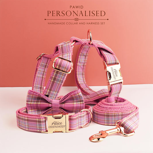 Custom Pink Plaid Personalised Dog Collar, Matching Dog Bowtie, Dog Leash, H-Style Dog Harness