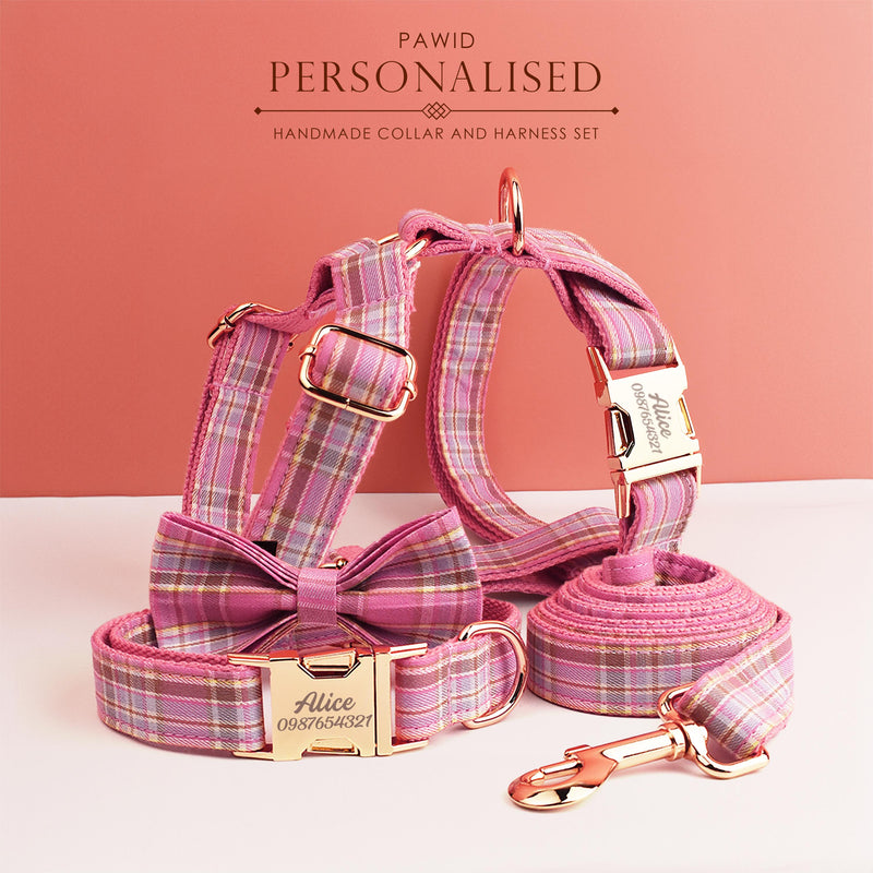 Custom Pink Plaid Personalized Dog Collar, Matching Dog Bowtie, Dog Leash, H-Style Dog Harness, Different Combo