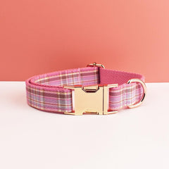Custom Pink Plaid Personalized Dog Collar, Matching Dog Bowtie, Dog Leash, H-Style Dog Harness, Different Combo