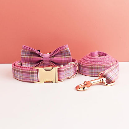 Custom Pink Plaid Personalised Dog Collar, Matching Dog Bowtie, Dog Leash, H-Style Dog Harness