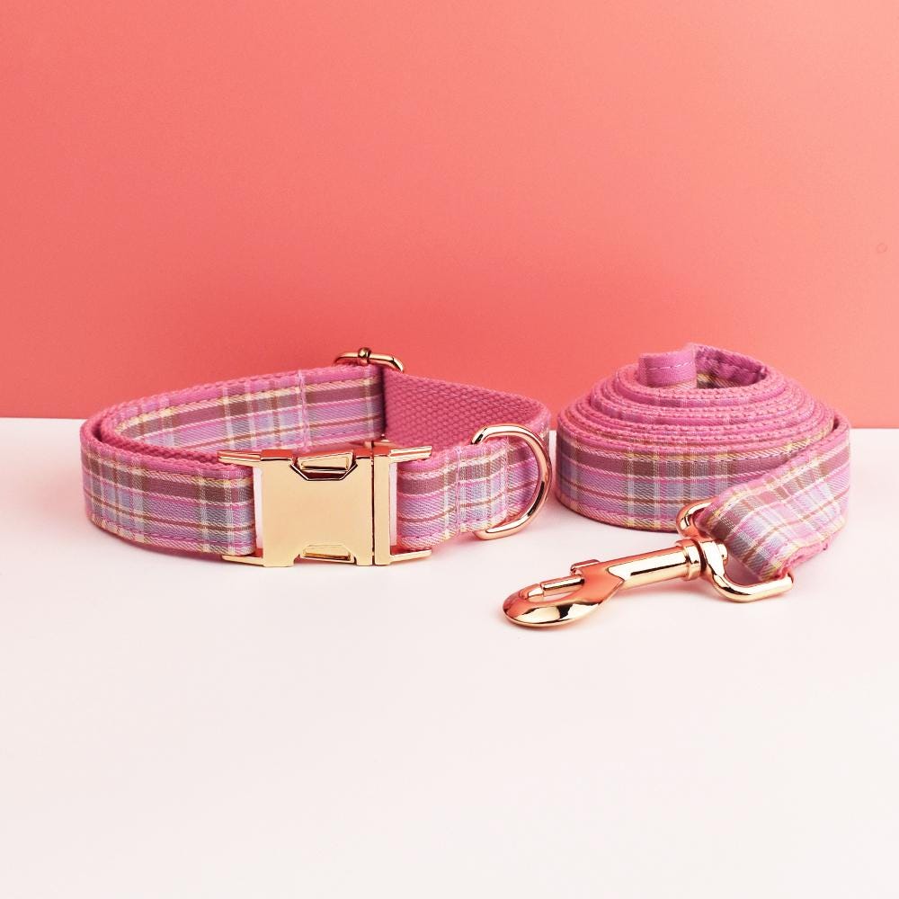 Tartan Dog Collar, Personalised Tag, Plaid Tartan Dog Collar and Leash or Bow, Collar for Male Dog, Pink, Ligh Purple, Blue Gingham
