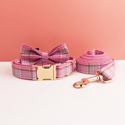 Tartan Dog Collar, Personalised Tag, Plaid Tartan Dog Collar and Leash or Bow, Collar for Male Dog, Pink, Ligh Purple, Blue Gingham