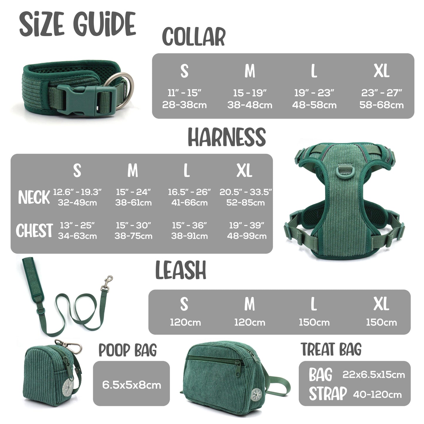 Personalised Dog Collar or Dog Harness Set - Green No Pull Dog Harness - Dog Leash - Poop Bag Holder - Treat Bag