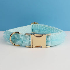 Blue Dog Collar, Custom Lace H-Style Dog Harness with Name, Velvet Dog Poop Bag, Leash, for Wedding, Different Combo