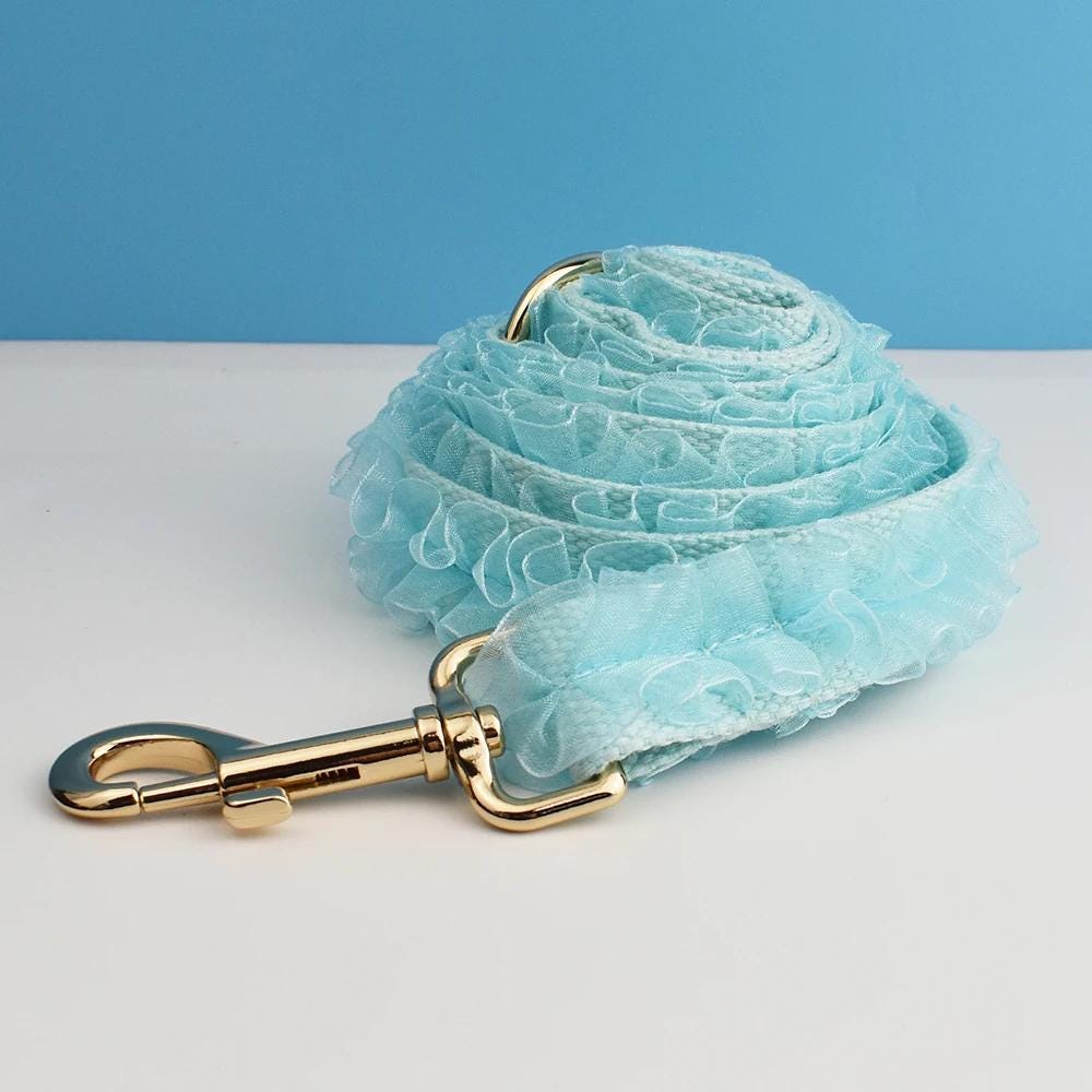 Blue Dog Collar, Custom Lace H-Style Dog Harness with Name, Velvet Dog Poop Bag, Leash, for Wedding