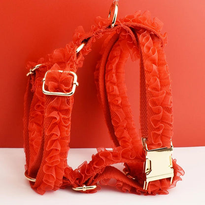 Red Dog Collar, Custom Lace H-Style Dog Harness with Name, Velvet Dog Poop Bag, Leash, for Wedding