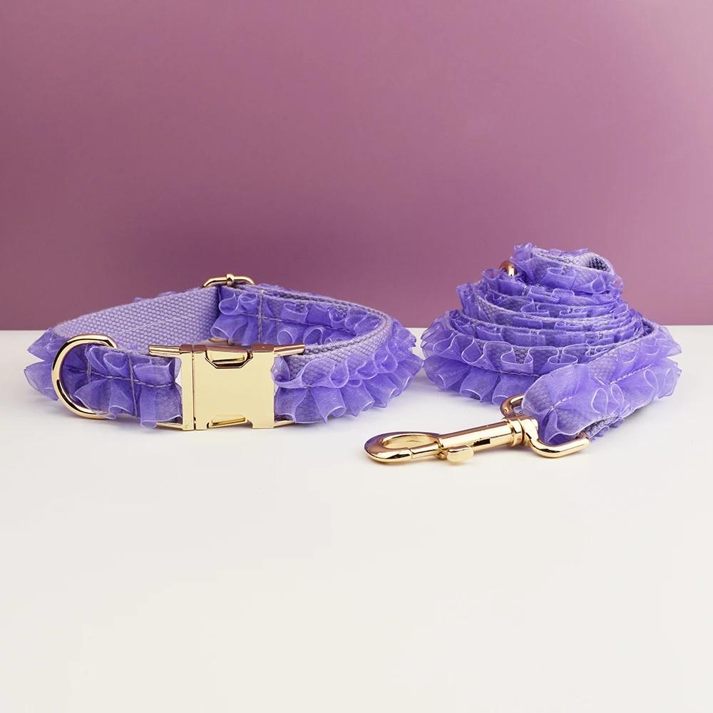 Purple Dog Collar, Custom Lace H-Style Dog Harness with Name, Velvet Dog Poop Bag, Leash, for Wedding