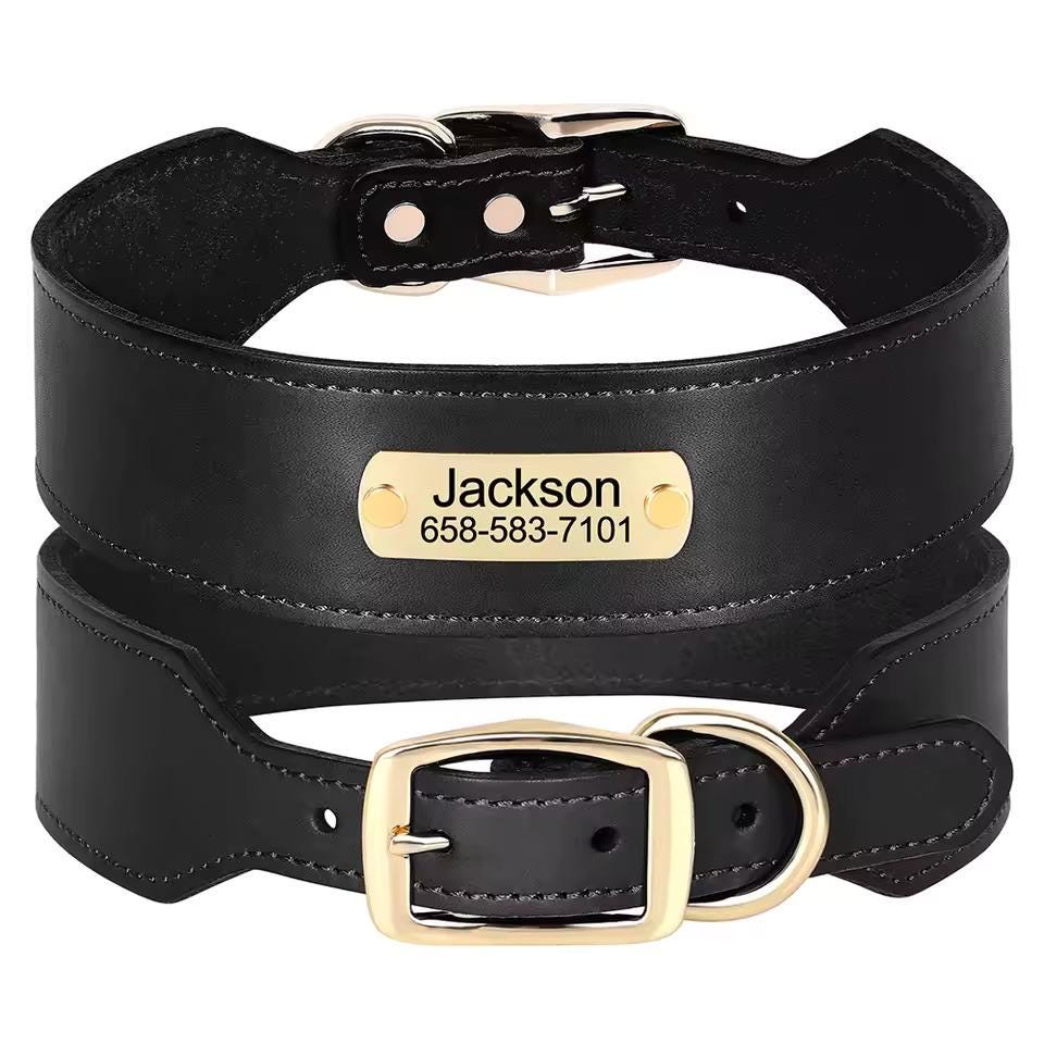 Personalised Wide Leather Dog Collar, Custom Name Durable Leather Pet Necklace for Medium Large dogs, Pitbull, Bulldog