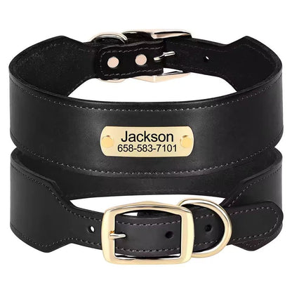 Personalised Wide Leather Dog Collar, Custom Name Durable Leather Pet Necklace for Medium Large dogs, Pitbull, Bulldog