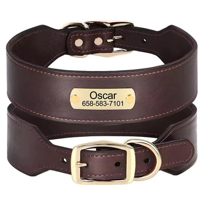 Personalised Wide Leather Dog Collar, Custom Name Durable Leather Pet Necklace for Medium Large dogs, Pitbull, Bulldog