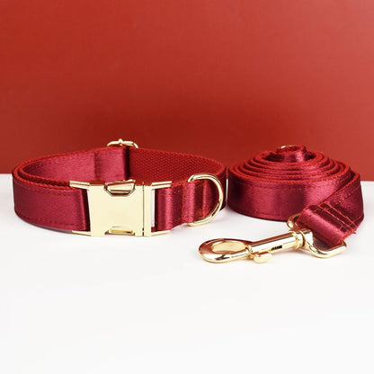 Wedding Dog Collar in Red Satin, Custom Silky Roman Dog Harness with Name, Leash, Sailor Bow for Birthday
