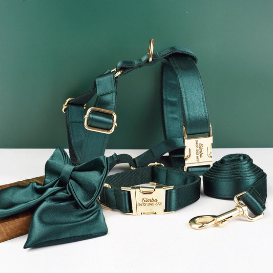 Wedding Dog Collar in Green Satin, Custom Silky Roman Dog Harness with Name, Leash, Sailor Bow for Birthday