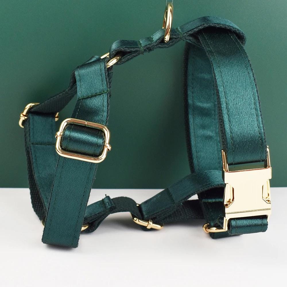 Wedding Dog Collar in Green Satin, Custom Silky Roman Dog Harness with Name, Leash, Sailor Bow for Birthday