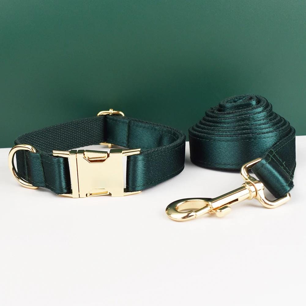 Wedding Dog Collar in Green Satin, Custom Silky Roman Dog Harness with Name, Leash, Sailor Bow for Birthday