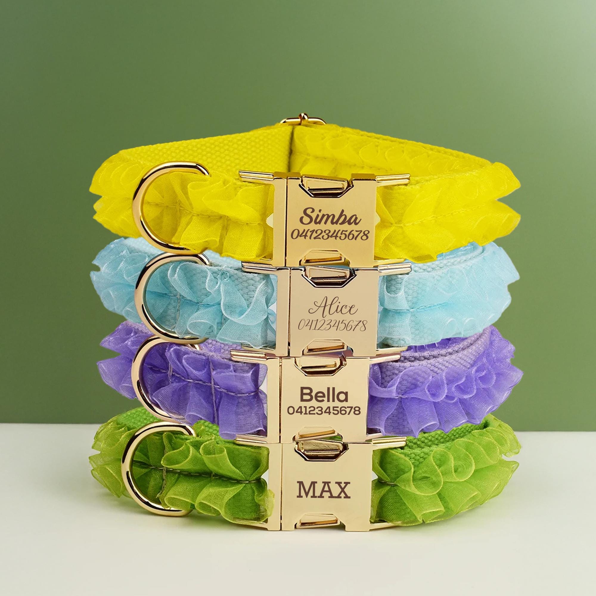 Lace Dog Collar, Personalized Tag, Custom Name Dog Collar and Leash or Velvet Poop Bag, Collar for Male Dog Yellow, Blue, Purple, Green Lace