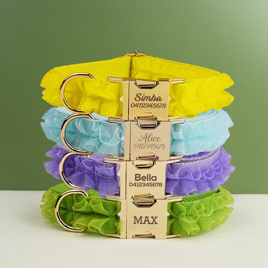 Lace Dog Collar, Personalised Tag, Custom Name Dog Collar and Leash or Velvet Poop Bag, Collar for Male Dog Yellow, Blue, Purple, Green Lace