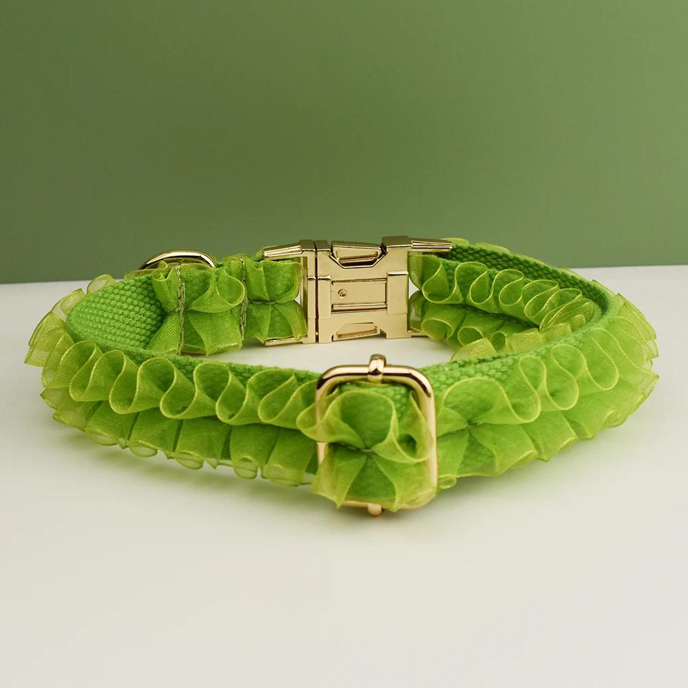 Green Dog Collar, Custom Lace H-Style Dog Harness with Name, Velvet Dog Poop Bag, Leash, for Wedding