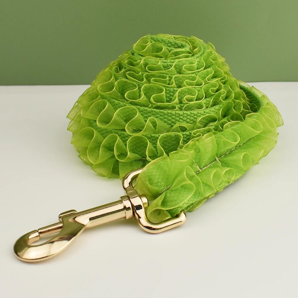 Green Dog Collar, Custom Lace H-Style Dog Harness with Name, Velvet Dog Poop Bag, Leash, for Wedding