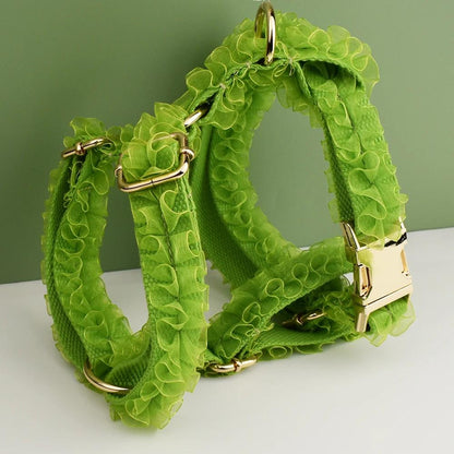Green Dog Collar, Custom Lace H-Style Dog Harness with Name, Velvet Dog Poop Bag, Leash, for Wedding