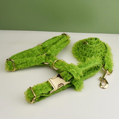Green Dog Collar, Custom Lace H-Style Dog Harness with Name, Velvet Dog Poop Bag, Leash, for Wedding