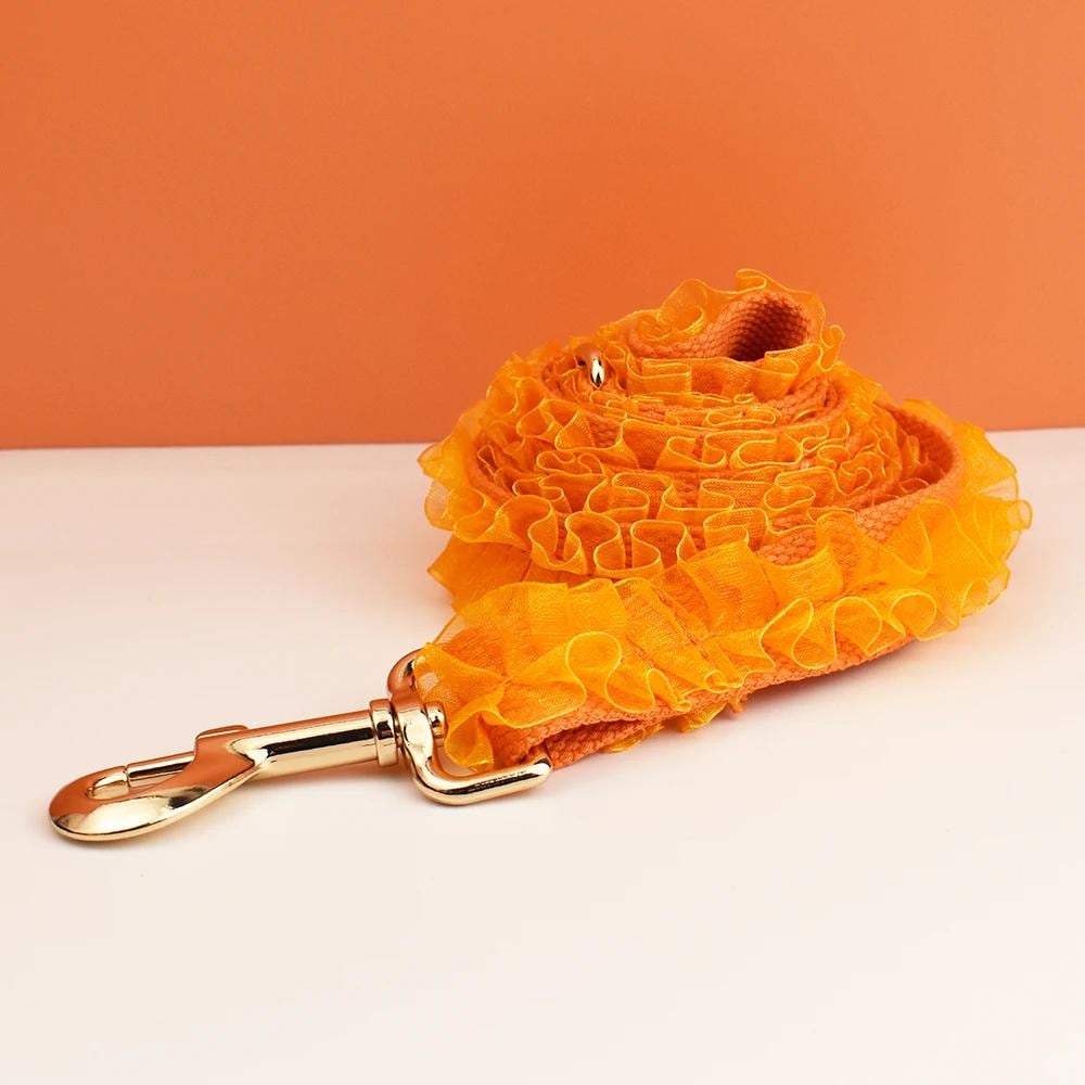 Orange Dog Collar, Custom Lace H-Style Dog Harness with Name, Velvet Dog Poop Bag, Leash, for Wedding, Different Combo