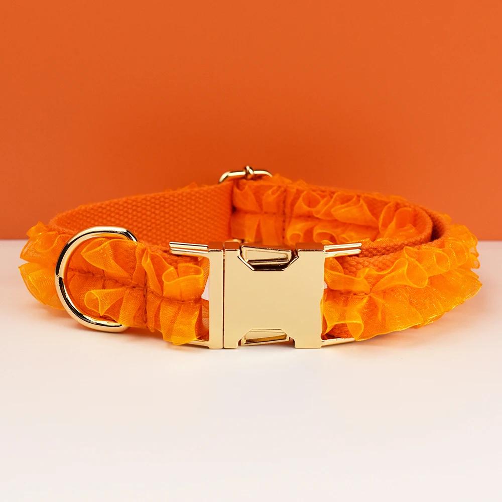 Orange Dog Collar, Custom Lace H-Style Dog Harness with Name, Velvet Dog Poop Bag, Leash, for Wedding, Different Combo