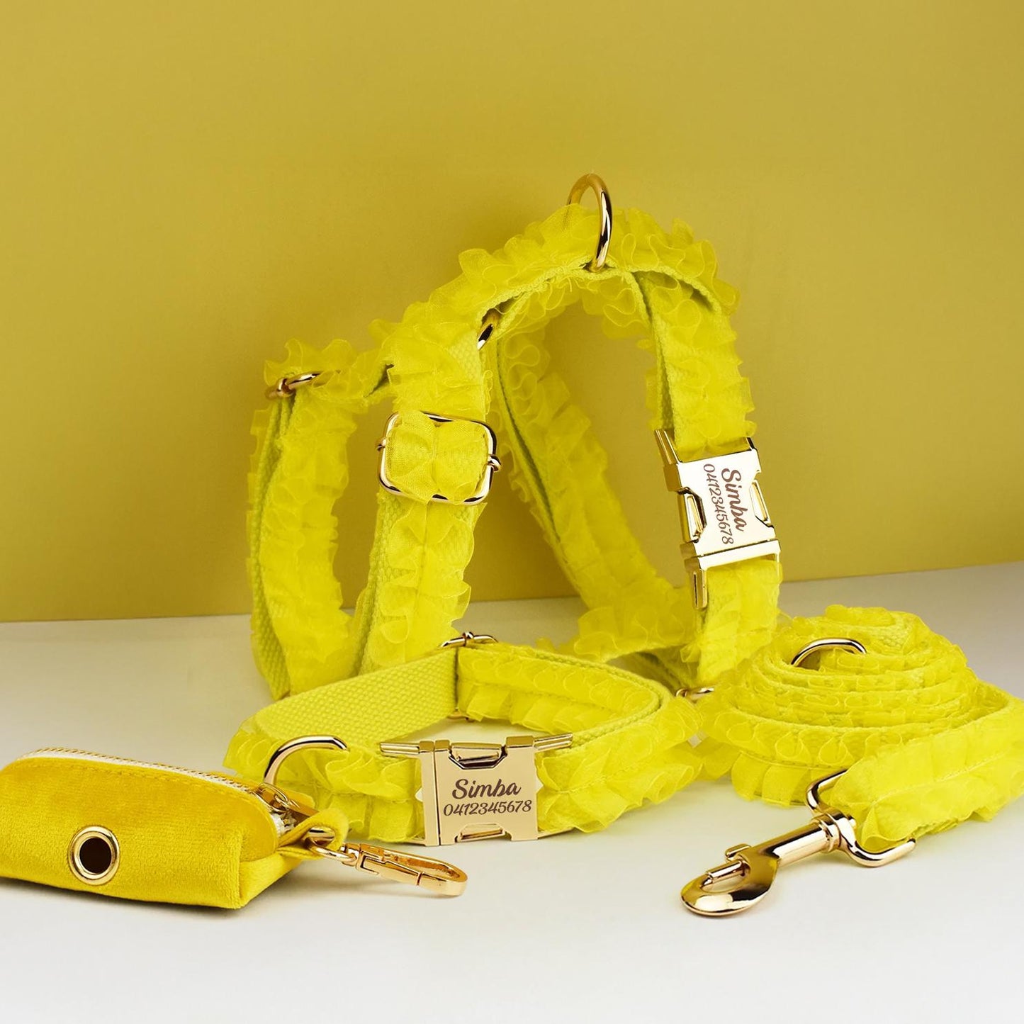 Yellow Dog Collar, Custom Lace H-Style Dog Harness with Name, Velvet Dog Poop Bag, Leash, for Wedding