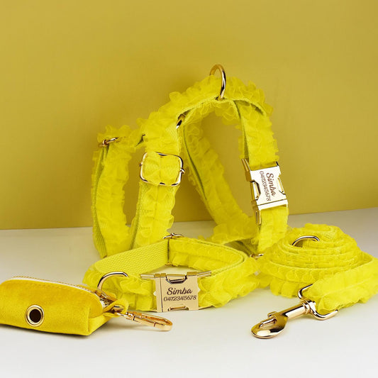 Yellow Dog Collar, Custom Lace H-Style Dog Harness with Name, Velvet Dog Poop Bag, Leash, for Wedding