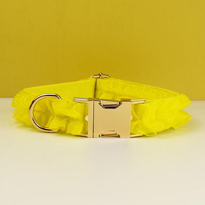 Yellow Dog Collar, Custom Lace H-Style Dog Harness with Name, Velvet Dog Poop Bag, Leash, for Wedding