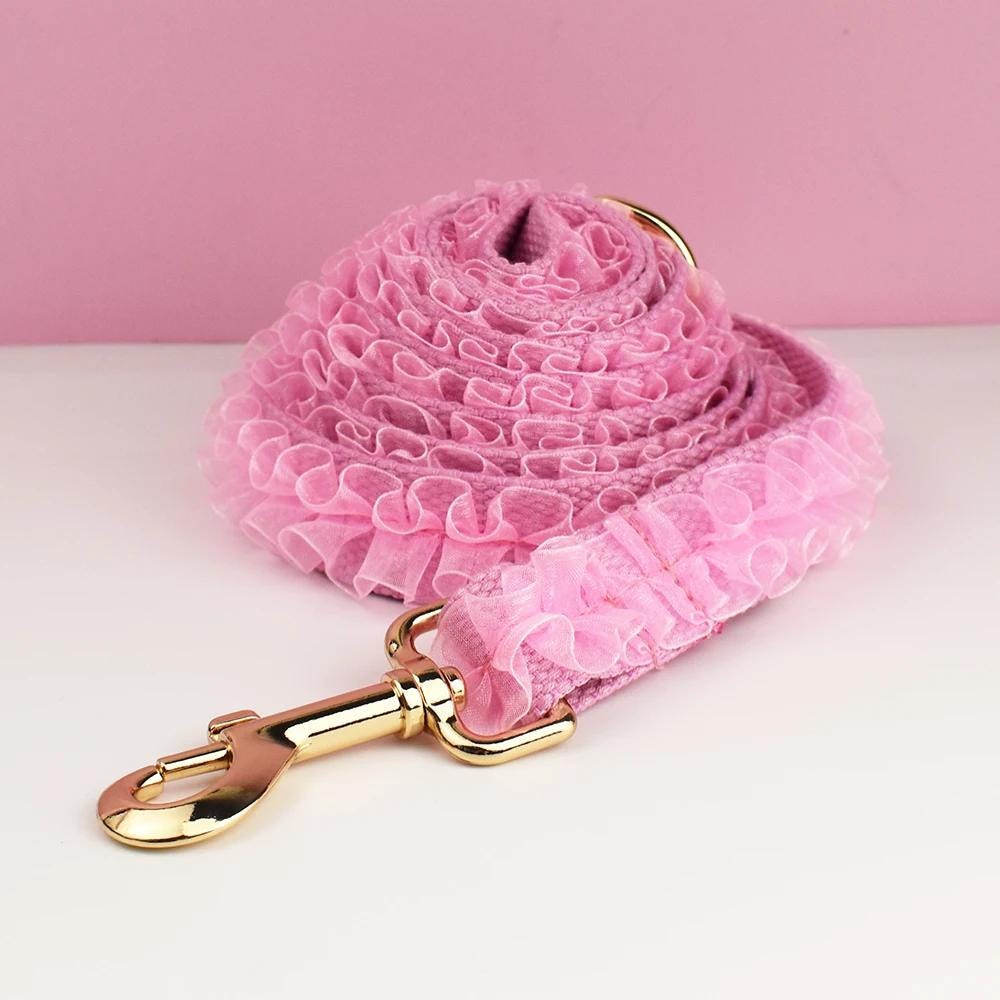 Pink Dog Collar, Custom Lace H-Style Dog Harness with Name, Velvet Dog Poop Bag, Leash, for Wedding
