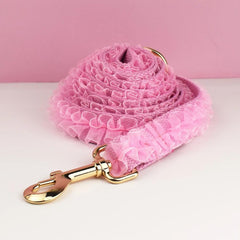 Pink Dog Collar, Custom Lace H-Style Dog Harness with Name, Velvet Dog Poop Bag, Leash, for Wedding, Different Combo